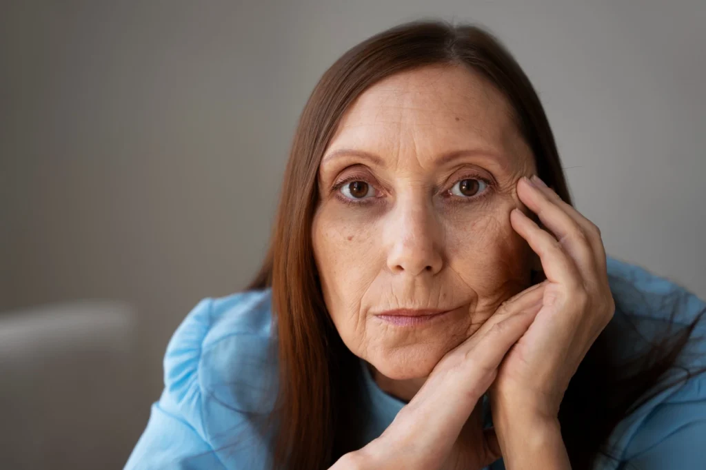 Primer plano de paciente con ojeras profundas: una marcada hiperpigmentación infraorbitaria y surco palpebromalar profundo