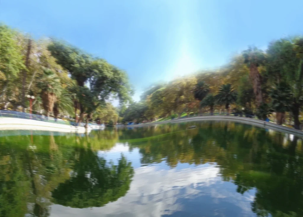 Simulación de vista borrosa y distorsionada sobre paisaje del Parque de Mayo en San Juan.