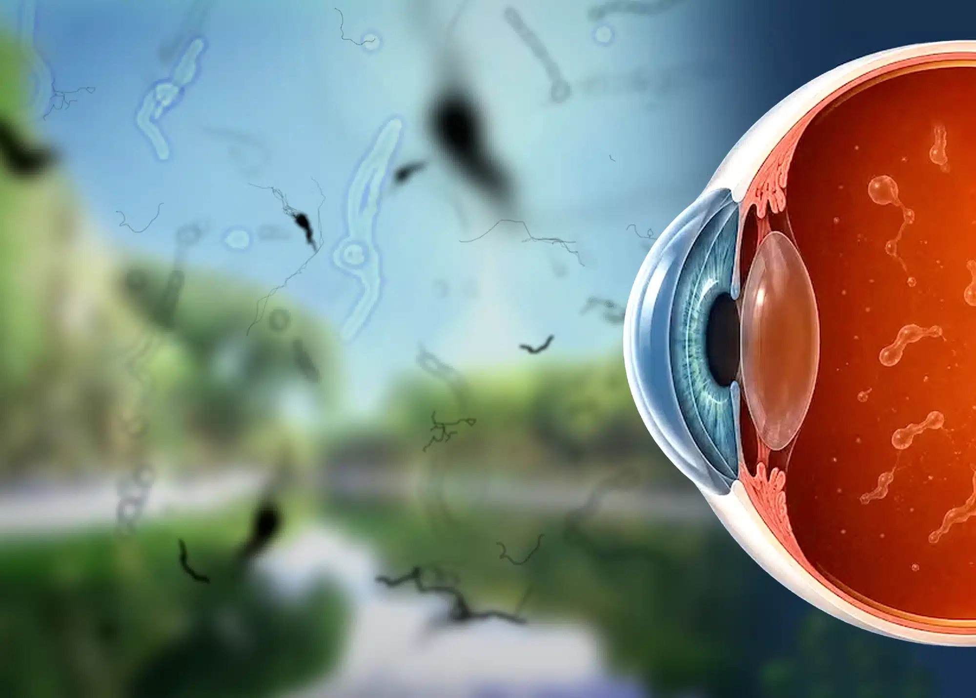 Simulación de síntomas de desprendimiento de retina, sobre paisaje del Parque de Mayo en San Juan.